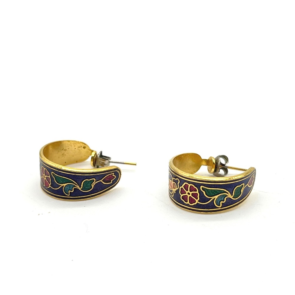 Vintage Cloisonne Enamel Floral Butterfly Hoop Earrings Gold Tone Navy Blue - Picture 2 of 8